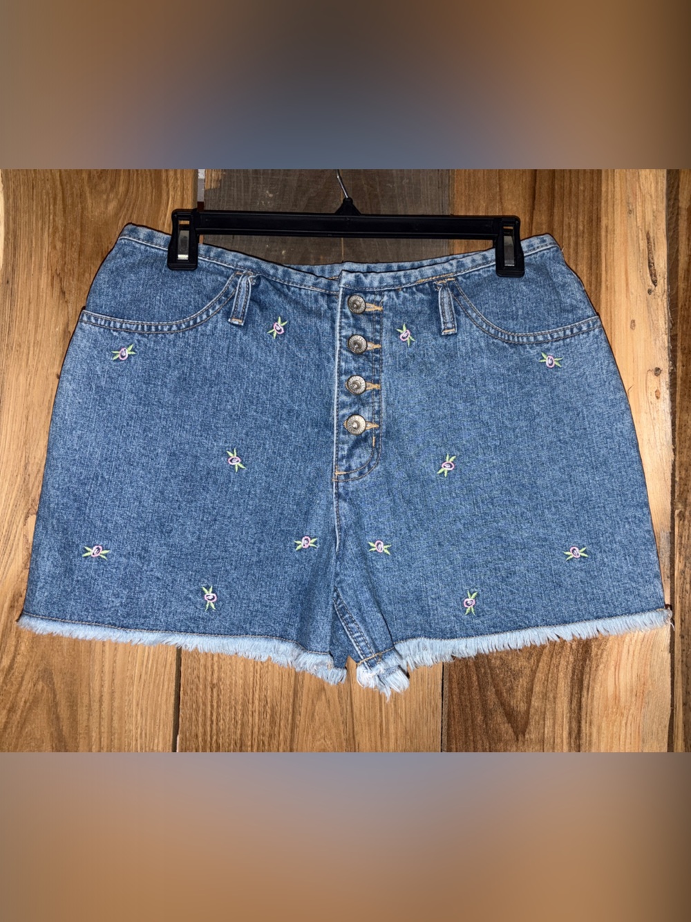 Vintage/90’s High-Rise Blue Embroidered Denim Shorts with Button Front